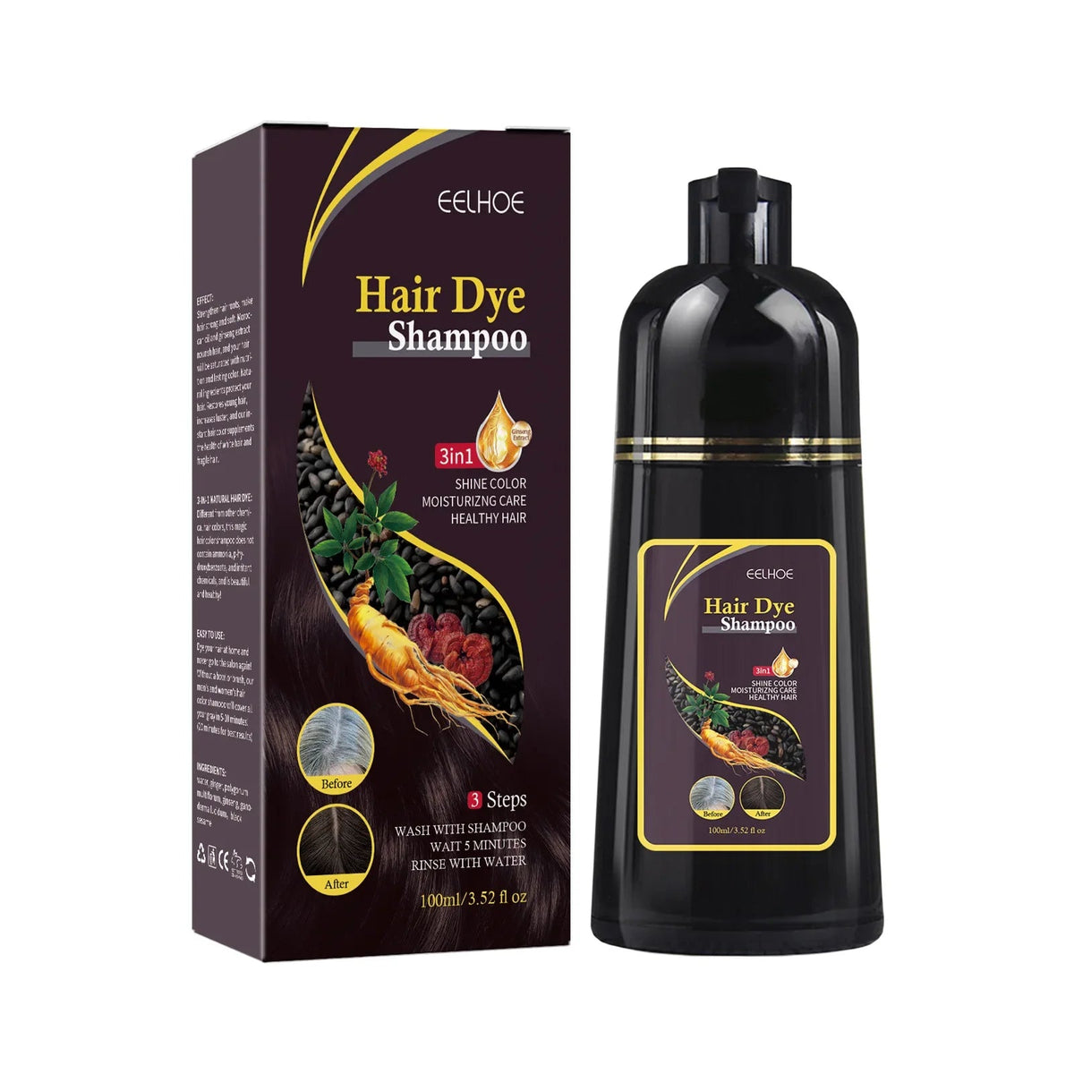 100ml Black Hair Shampoo 3 In1 Hair Dye Shampoo Repairing and Softening Shampoo Moisturizing Cleaning Hair Care for Women Men - JromoCompany