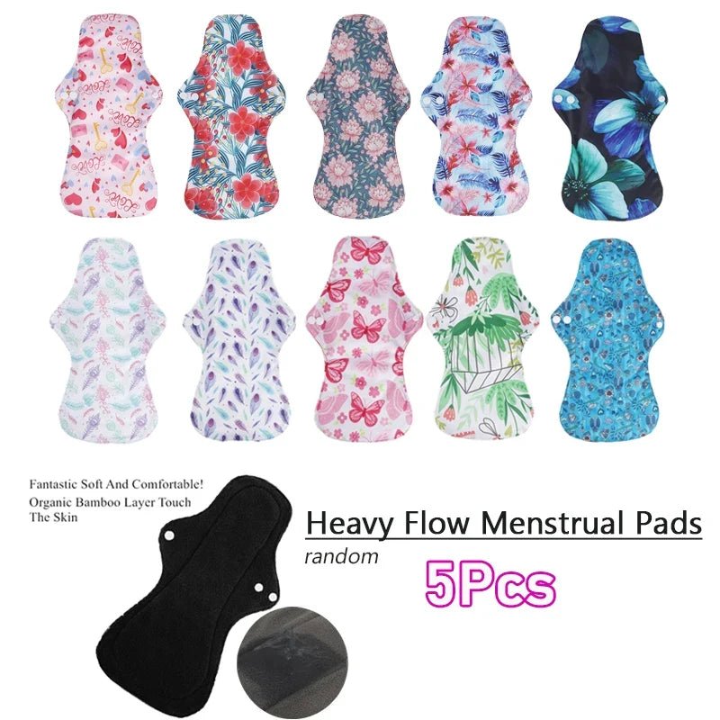 5PCS Reusable Menstrual Pads Heavy Flow Women Menstrual Period Washable Sanitary Napkin Organic Bamboo Charcoal Cloth Pad - JromoCompany
