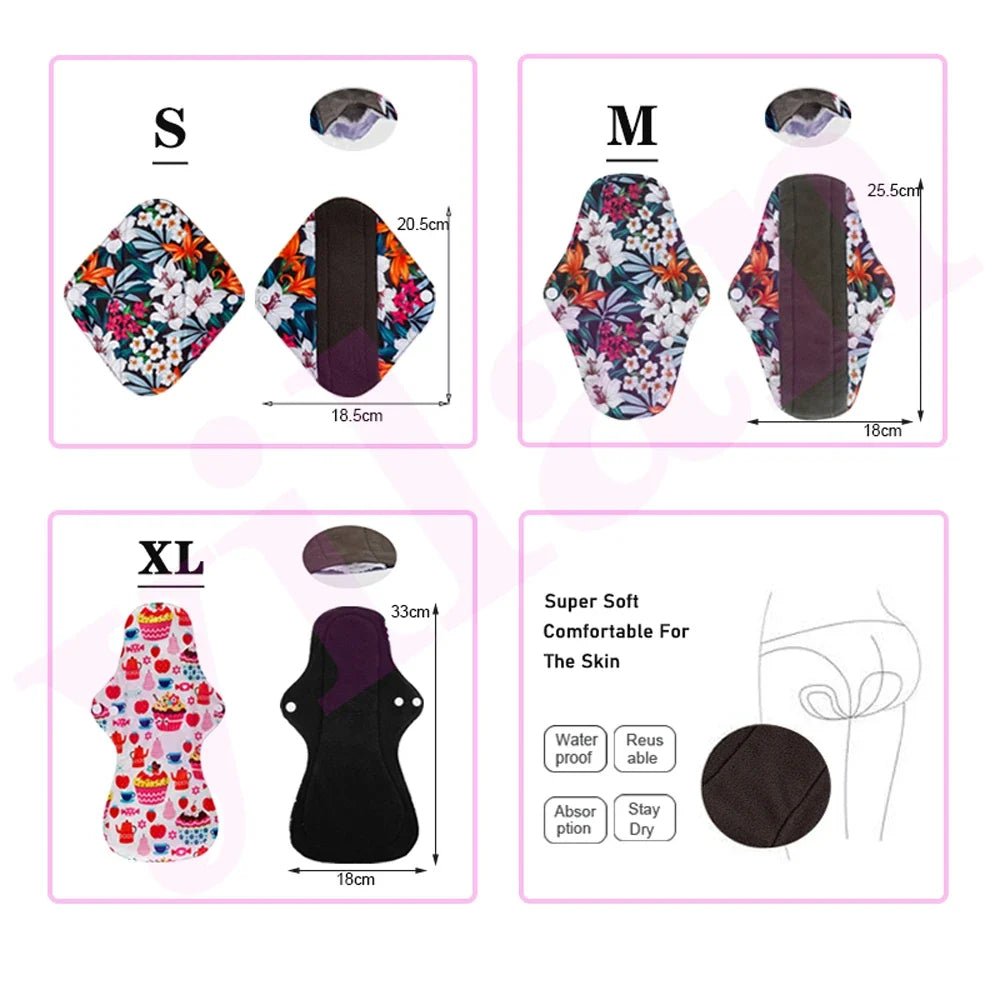 5PCS Reusable Menstrual Pads Heavy Flow Women Menstrual Period Washable Sanitary Napkin Organic Bamboo Charcoal Cloth Pad - JromoCompany