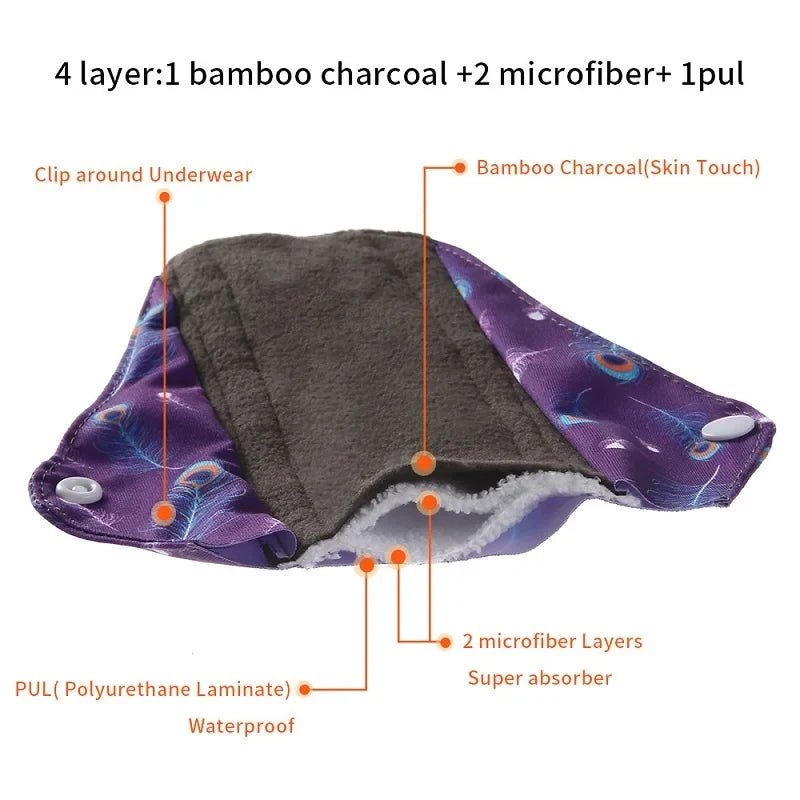 5PCS Reusable Menstrual Pads Heavy Flow Women Menstrual Period Washable Sanitary Napkin Organic Bamboo Charcoal Cloth Pad - JromoCompany