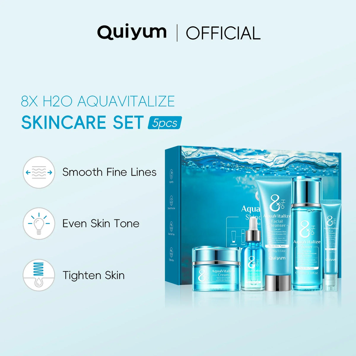 QUIYUM 8X H₂O AquaVitalize Skincare Set 5PCS Deep Hydration Kit Wrinkle Smoothing Tightening Treatment Gift Set