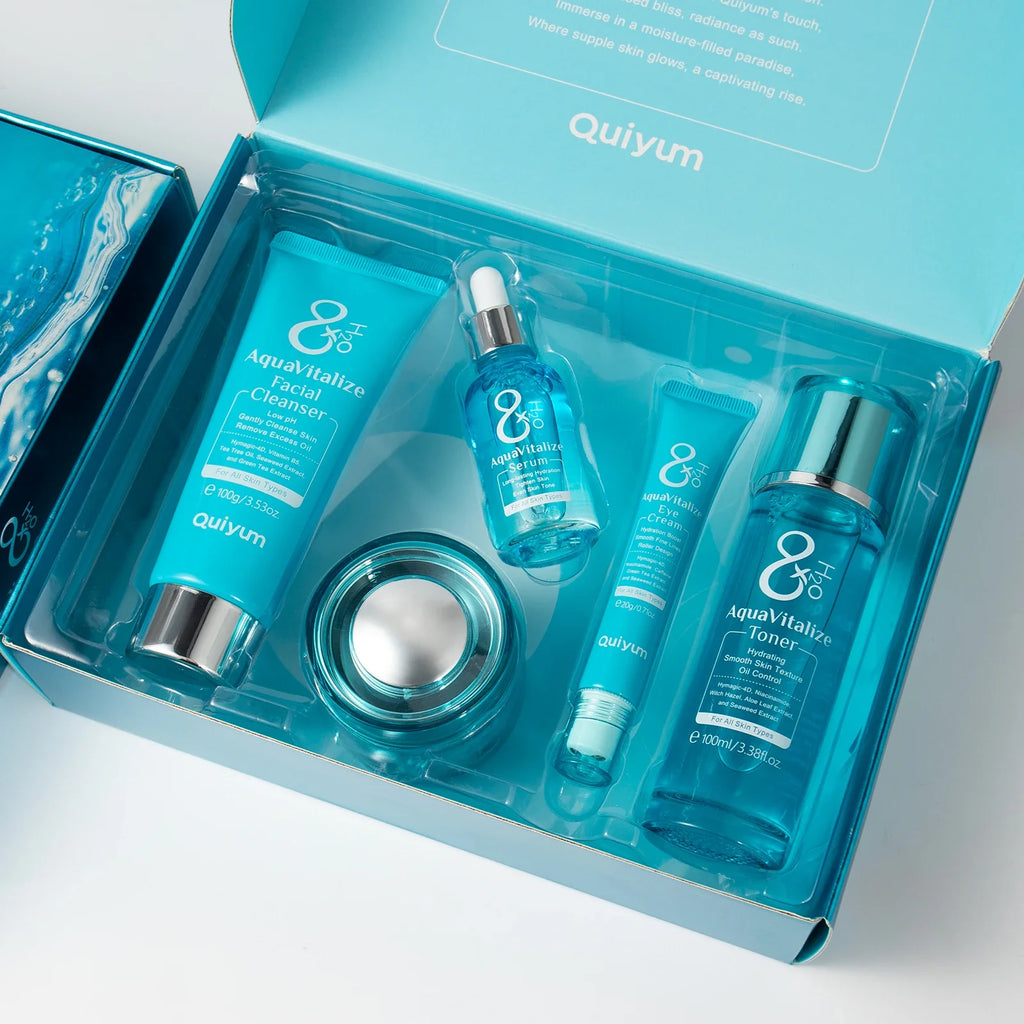 QUIYUM 8X H₂O AquaVitalize Skincare Set 5PCS Deep Hydration Kit Wrinkle Smoothing Tightening Treatment Gift Set