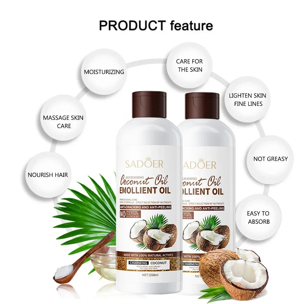 250ml Coconut  Sooth Dry Skin Lighten Fine Lines Face Massage Oil Nourishes Hair Removes Frizz Hair Care Oil Firming Body Oil