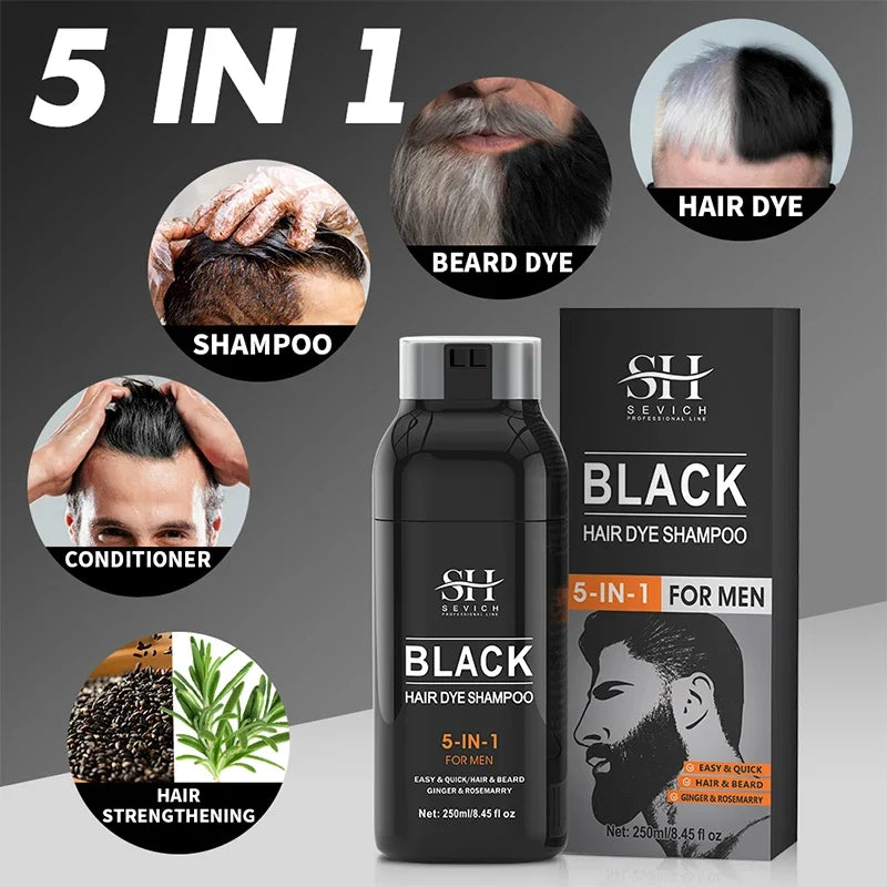 250ml Natural Black Hair Shampoo 5in1 Darkening Hairs Instant Gray To Black Shampoo Repair White Hair Care Black Beard Shampoo