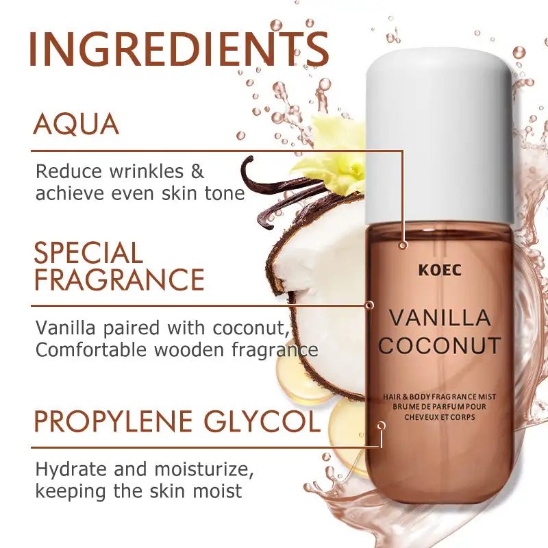 KOEC Vanilla & Coconut Fragrance Mist Perfume Refreshing Moisturizing Triple Notes Plant Fragrances Propylene Glycol - JromoCompany