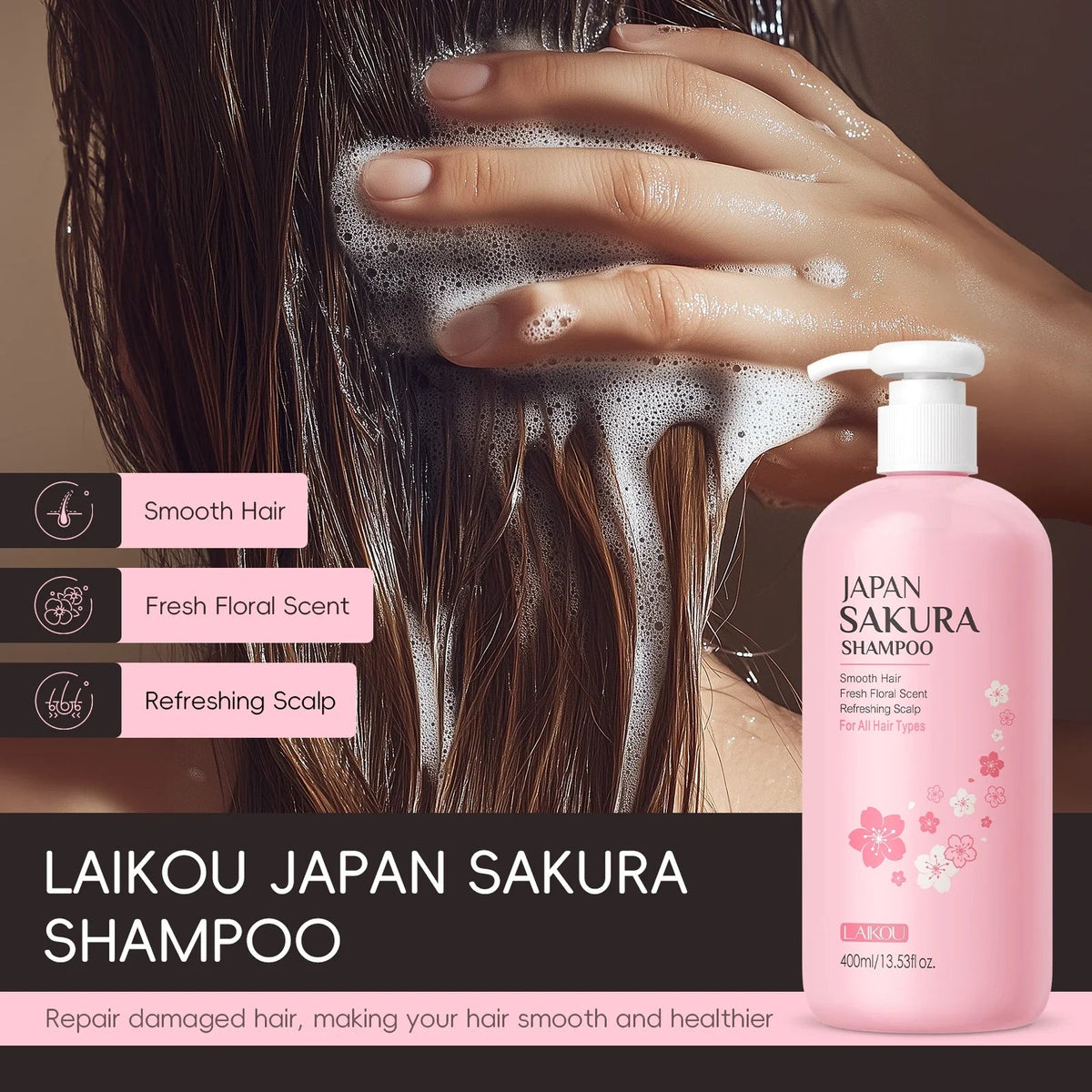 LAIKOU Japan Sakura Shampoo Repair Anti Split Ends Smooth Frizz Dry Hair - JromoCompany