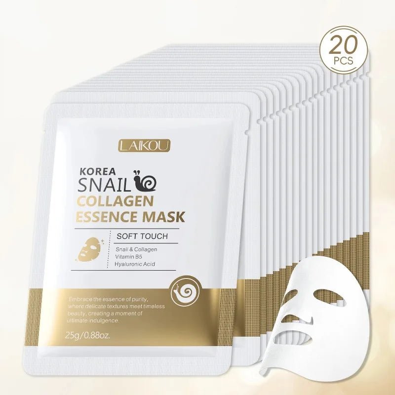LAIKOU Korea Snail Collagen Essence Mask Hydrating Sheet Mask Anti-Wrinkle Face Mask Firming Skin Care 25g*20pcs - JromoCompany