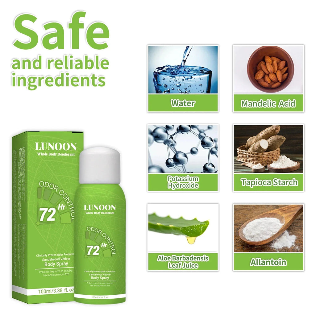 LUNOON Whole Body Deodorant Spray 100ml - Multi-Use for Underarms, Feet & More, 72-Hour Odor Control & Freshness - JromoCompany