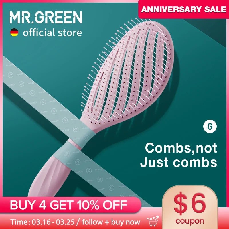 MR.GREEN Hollow Out Hair Brush Scalp Massage Combs Hair Styling Detangler Fast Blow Drying Detangling Tool Wet Dry Curly Hair - JromoCompany