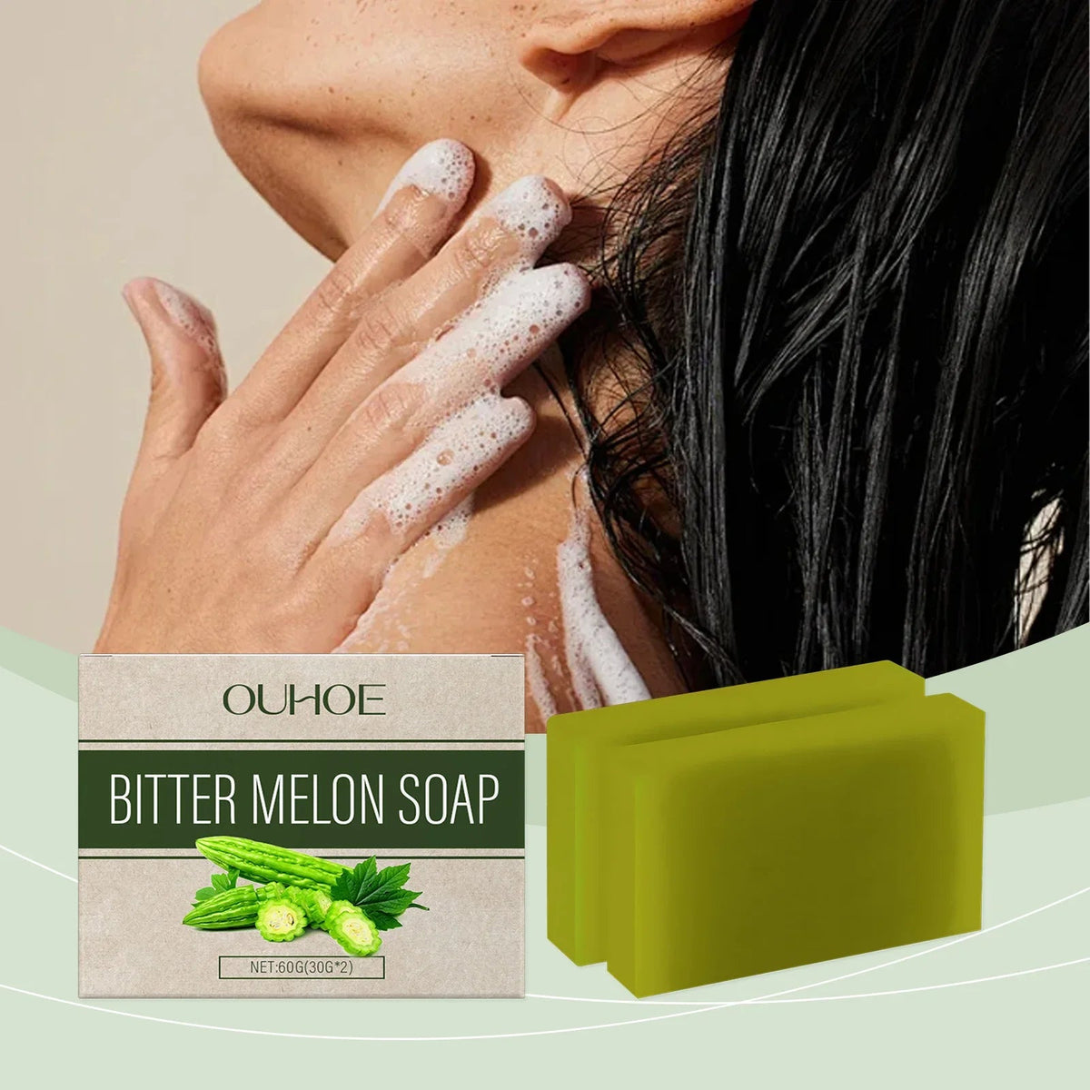 OUHOE Herbal Bath Soap with Bitter Melon: Deeply Clean Pores, Balance Water & Oil, Soothe Skin, Fresh Aroma - JromoCompany