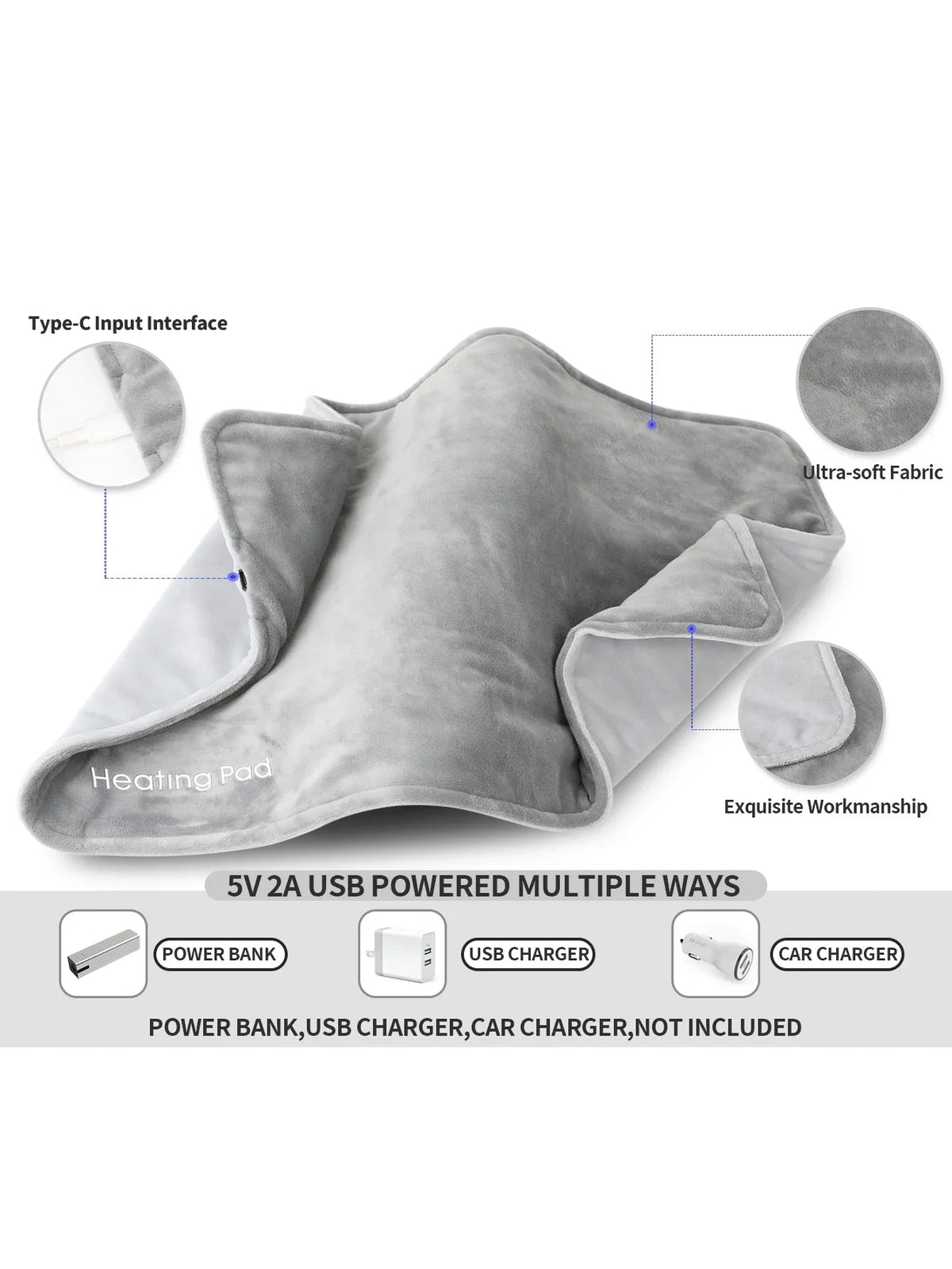 USB 5V Electric Heating Pad for Cramps & Back Pain Relief,Heat Pad with 59 INCH Cable,Mini Heated Blanket,19.6*11.8 INCH,Grey - JromoCompany